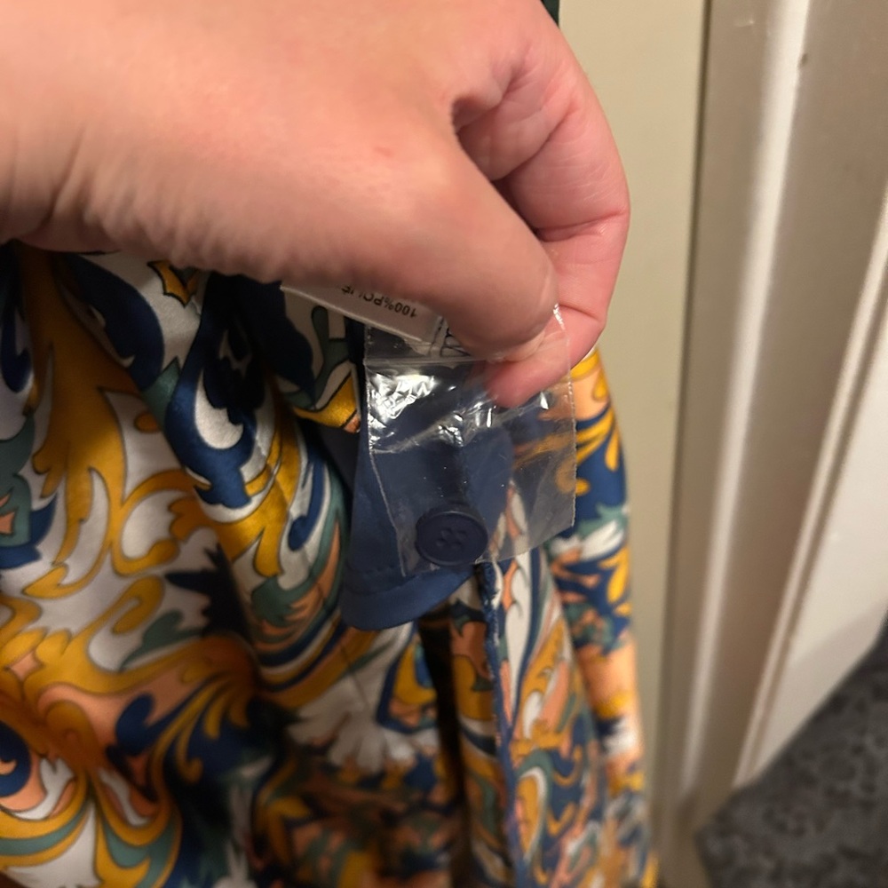 Entro Blue and Yellow Short Sleeve Midi Wrap Sundress - size large - Picture 7 of 10